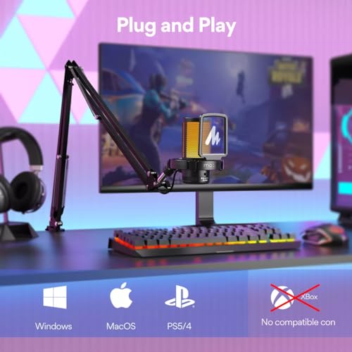 MAONO Microfono USB para Gamer, micrófono Condensador con cancelación de Ruido, Silencio, Ganancia, monitoreo, Brazo para Streaming, Podcast, Youtube, PC, computadora, PS4,PS5, Mac, GamerWave, DGM20S