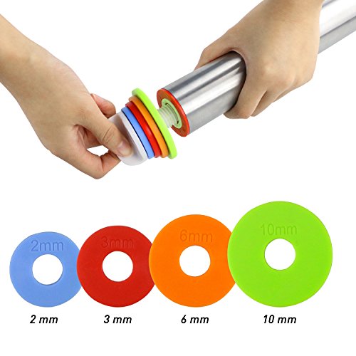 Rolling Pin with Rolling Mat, TedGem Adjustable Stainless Steel Rolling Pin Dough Roller with 4 Removable Thickness Rings Guides for Pie Crust, Dough Pizza Pie Cookies, Including a Pastry Mat - Thumbnail 3