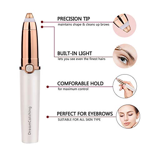 Eyebrow Hair Remover, DreamCatching Electric Eyebrow Trimmer Epilator for Women, Portable Painless Eyebrow Razor with Light (Battery Not Included), White