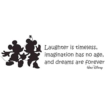 CustomVinylDecor Laughter is Timeless Walt Disney Quote Vinyl Wall Decal with Mickey and Minnie Mouse Silhouettes | Black, Size: 33inch x 11inch