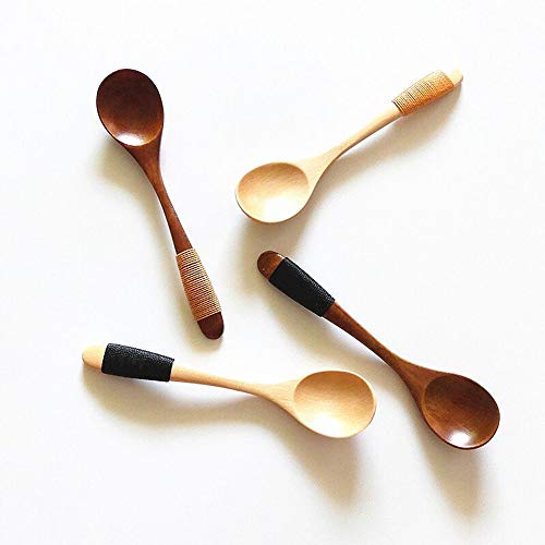 sansheng 4Pcs Mini Wooden Spoons, Wood Soup Spoons for Eating Mixing Stirring Cooking, Handle Spoon with Japanese Style Kitchen Utensil, with Tied Line on Handle(13.5cm) - Thumbnail 5