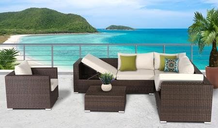 SunHaven Calzada Collection SUN-5002 7 PC Reclining Deep Seating Set with Reclining Left End Sofa Reclining Right End Sofa Club Chair Corner Sofa Coffee Table Sectional Clips in Brown