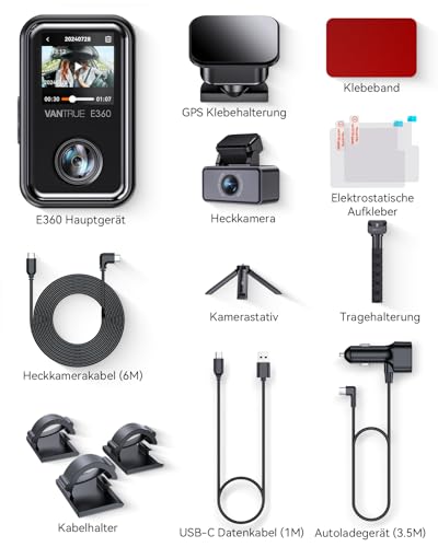 VANTRUE E360 ACE 5.2K Panorama + 1944P Dashcam with Dual STARVIS 2 HDR Night Vision, 3 Channel 360° Dash Cam with Portable Carrying Stand, Voice Controlled Car Camera, App