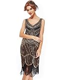 Women's Roaring 20s V-Neck Gatsby Dresses- Vintage Inpired Sequin Beaded Flapper Dresses (M, Dark Gold)