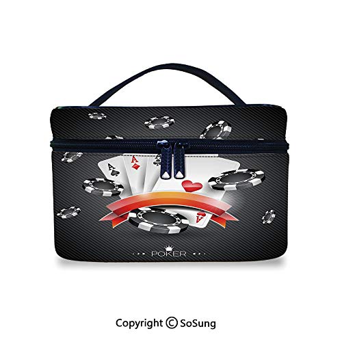 Poker Tournament Decorations Makeup Bags Water-resistant Artistic Display Spread Chips with Poker Cards Lifestyle DecorativePortable Washing Bag,9.8x7.1x5.9inch,Black White Red