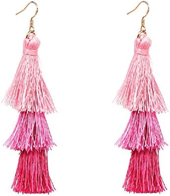 Ghome Tassel Earrings Tiered Thread Tassel Dangle Earrings Statement 3 Layered Tassel Drop Earrings