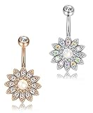 FUNRUN JEWELRY 2PCS 14G Stainless Steel Created-opal Belly Button Rings for Girls Women Dangle Navel Piercing Body Jewelry