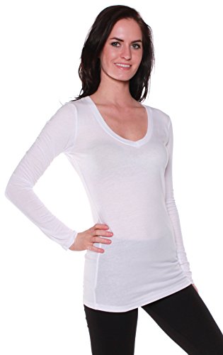 Active Basic Women's Plain Basic Cotton Blend Deep V Neck T Shirt with Long Sleeves,Small,White