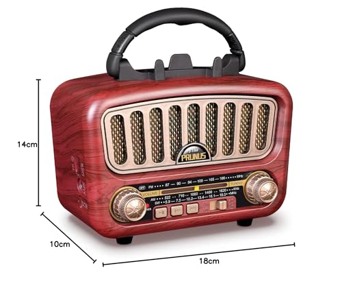 PRUNUS J-180 Portable Radio Vintage FM/AM(MW)/SW, Portable Bluetooth Radio, with Mobile Phone Holder, 1800 mAh Rechargeable Battery, Supports TF Card/AUX/USB