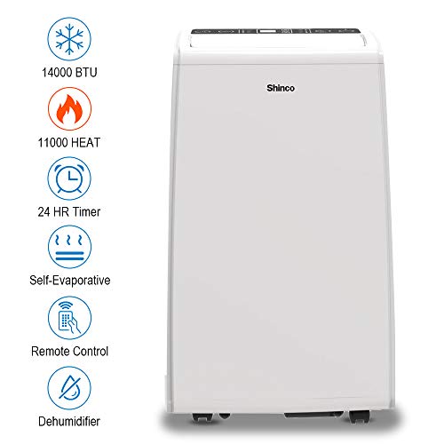 Shinco 14000 BTU Portable Air Conditioner Unit + 11000 BTU Heater, Cool Fan Quiet Dehumidifier Rooms Up to 500 Sq.Ft. LED Display, Remote Control, White
