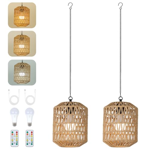 Rayofly 2 Pcs Indoor Rechargeable Hanging Lamp, Boho Hanging Lamp with Battery, Rattan Hanging Lamp without Power Supply, Outdoor Garden Lights with Bulb & Remote Control