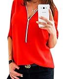 Apparel Coolred-Women Pure Color Zipper Closure 3/4 Sleeve Chiffon Tees Red XL Book