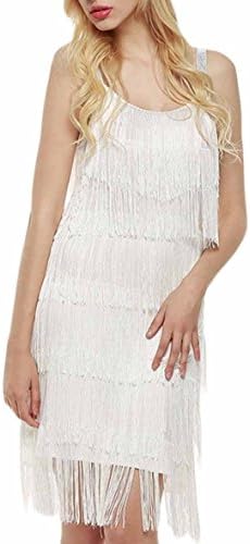 Celltronic Fashion Women Straps Dress Tassels Glam Party Dress Gatsby Fringe Flapper Costume Dress(White,M)