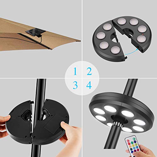 Solar Patio Umbrella Lights,4AA Battery Operated 10 Lighting Modes 12 Color Changing Remote Control Pole Light for Umbrellas,Camping Tents or Outdoor Use (Solar Powered-Black) - Thumbnail 5
