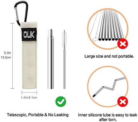 Reusable Collapsible Stainless Steel Straw - KudoVita Telescopic Metal Straws Adjustable for Kids Adults with Cleaning Brush, Portable Case Bag and Keychain