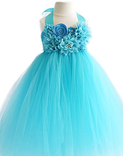 Fantastic Floriated Tulle Flower Girl Dress with Pearl Accents-Turquoise - Child6-7yrs