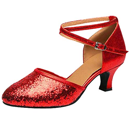 Duseedik Women's Dance Shoes Ballroom Tango Latin Salsa Dancing Low Heel Closed-Toe Ankle Strap Sequins Social Sandals - Thumbnail 3