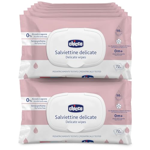 Chicco Salviette Neonato Delicate Detergenti Multiuso Con Clip, Senza Alcool, Adatte per Pelli Sensibili, Megapack da 864 Salviette, 12 Confezioni da 72 Salviettine
