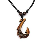 Lemu Jewelry Adjustable Brown Hawaiian Fish Hook Pendant Hemp Cord Chain - Maori Tribal Necklace