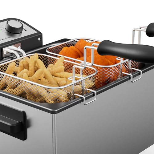 MaznNovo 1800W Deep Fryer with 3 Basket, 5.3QT/21Cup Electric Oil Fryer for Home Use with See-through Window Lid, Adjustable Temperature (Metal Silvery)