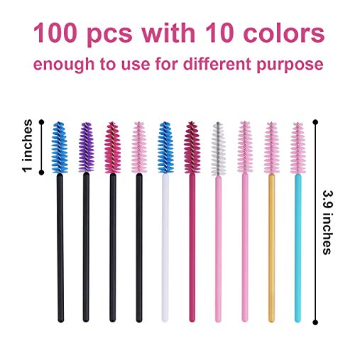 Cuttte 100pcs 10 Colors Disposable Mascara Brushes Wands with Container, Eyelash Brush Makeup Applicators Kits for Eyelash Extensions and Mascara Use