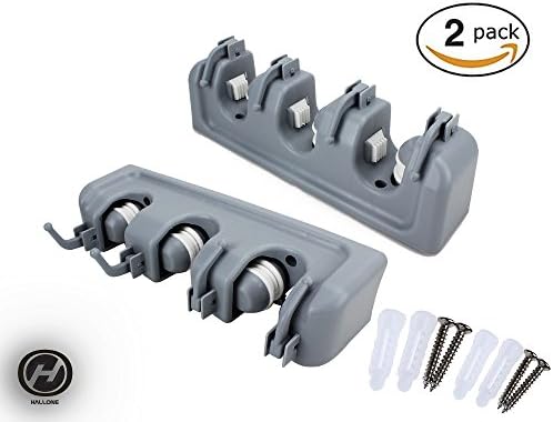 2 Pack Mop and Broom Holder Hallone Wall Mounted Gray Organizer Storage Solutions Shelving ideas 3 position with 4 Hooks for Garage Kitchen Laundry Garden Garage Storage Rack&amp;Garden Tool Organizer