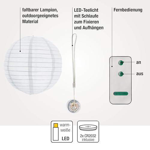 Hellum Lanterns Outdoor Weatherproof Set of 7 with Warm White LED and Battery, 1 x Diameter 30 cm, 3 x Diameter 25 cm, 3 x Diameter 20 cm, White Lanterns with Remote Control, Lanterns for Outdoors, LED Lanterns, Outdoor Wedding Decoration 150889