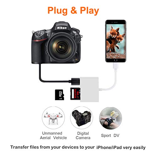 SD Card Reader for iPhone iPad, USB Camera Adapter for iPhone iPad, 3 in 1 SD &TF Card to iPhone iPad with USB 2.0 Female OTG Adapter, Trail Game Camera Memory Card Reader Viewer,No App Required-White