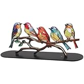 AUNMAS Vibrant Stained Birds On Branch Desktop Ornaments, Metal Table Art Bird Figurines, Home Decor for Bird Lovers, Fade, 5 Birds Set