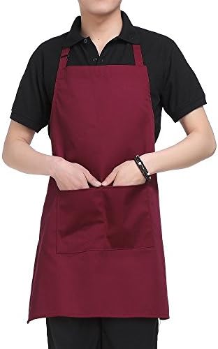 Two Pockets Adjustable Bib Adult Apron - Extra Long Ties - Heavy duty kitchen apron, Money apron, Waitresses apron - Cooking Kitchen Aprons for Mother's Day Gift (29.5" x 24.5", Deep Red)