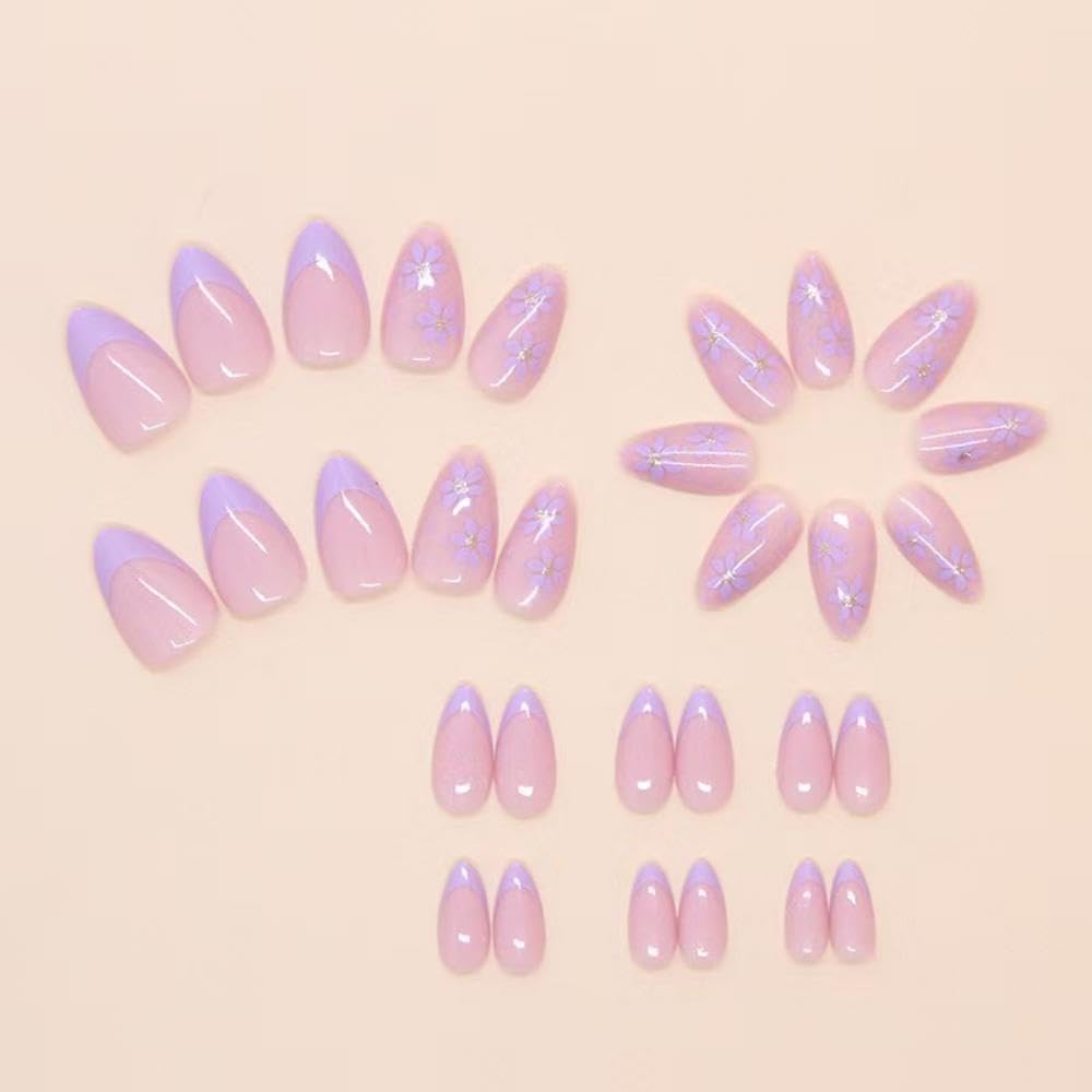 Purple French Tip Press on Nails Flower Fake Nails Short Almond False Nails with Design Nude Glue on Nails Glossy Artificial Acrylic Full Cover Lilac Floral Stick on Nails for Women Manicure 24Pcs - Image 4