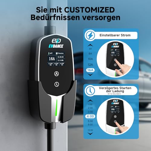 EVDANCE Mobile Wallbox/Charging Station 11 kW [3-Phase|7.8 m|6-16A] Type 2 Charging Cable CEE 16A to Type 2 with Adjustable Charging Power for Electric Car, Silver