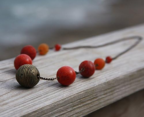 Solar System. Minimalistic Chunky Antique African Brass and Coral Necklace. Red, Orange, Brown.