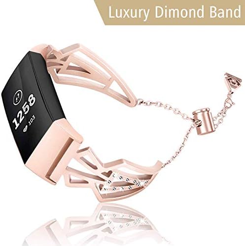 Mornex Bling Straps Compatible Fitbit Charge 3 Band, Women Stainless Steel Metal Jewelry Bracelet Bangle Wristband, Luxury Diomond Rhinestone Replacement Bands Accessory