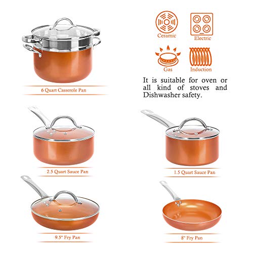 SHINEURI 19 Piece Copper Nonstick Cookware Set - 10 Pieces Kitchen Pots and Frying Pan Set, 5 Pieces Bakeware Set & 4 Pieces Cooking Utensil - Dishwasher & Oven Safe, PFOA/PTFE Free (Copper)