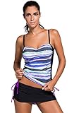 Vanbuy Womens Layered Two Pieces Push up Support Swimsuits Color Block Bandeau Tankini Top with Skirt Set
