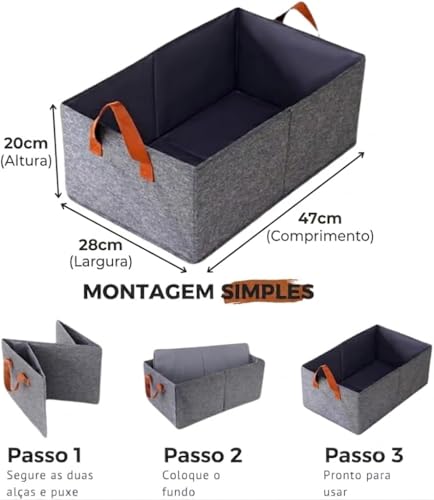 Kit 3 Cestos Organizadores Dobráveis de 26 Litros Caixas Multiuso Com Alças Dupla para Guarda Roupas, Armário, Lavanderia, Malha de Nylon Cinza Resistente e Lavável
