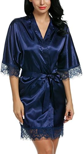 elomes Women's Kimono Bathrobe featuring Floral Lace Trim Satin Short Loungewear