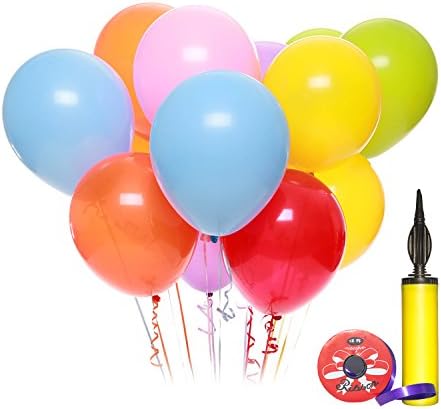 HOOHII 12 Inches Assorted Color Party Balloons(100pcs) with Hand Air Inflator Double Action Balloon Pump for Child Party Balloons Ribbon for Gift