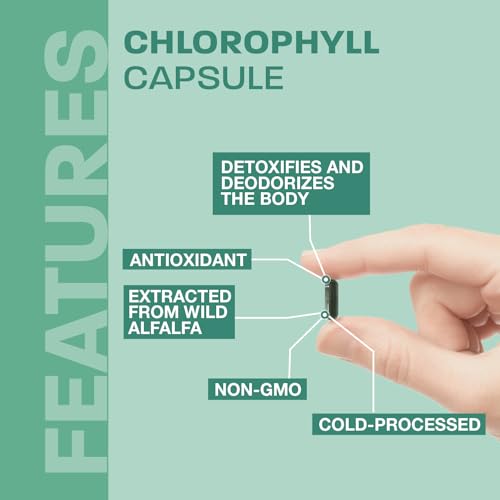 Chlorophyll Capsules - Cold Extracted from Non-GMO Alfalfa - Natural Detox - Alkaline - Natural Body Deodorant - Powerful Antioxidants Source - Made in Canada - Vegan - Non-GMO - 90 pills - 100 mg