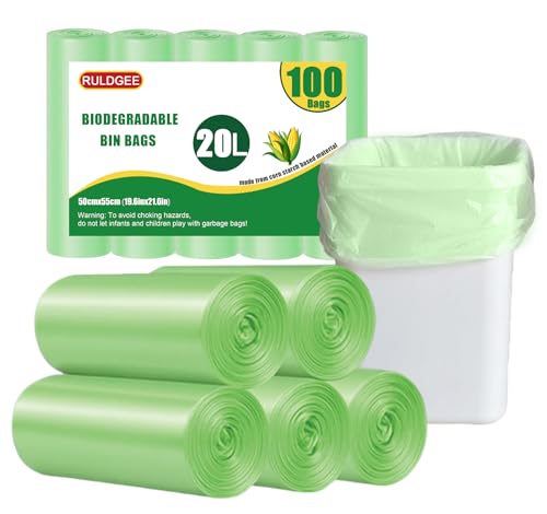 RULDGEE Compostable Food Waste Bags 20l Caddy Liner 100 Counts Green Bin Bags Small Trash Bags for Kitchen