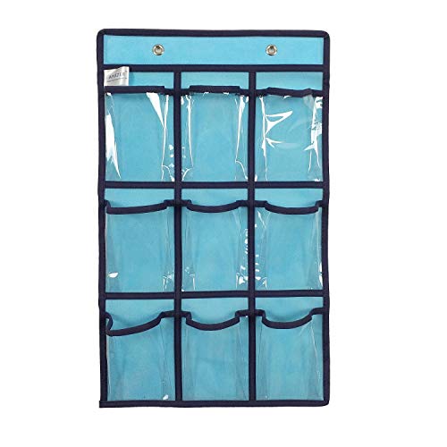 ANIZER Over Door Hanging Closet Underwear Sock Storage Cell Phone Jewelry Organizer Clear Pockets (Blue, 9 Pockets)