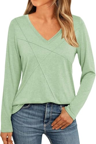 419BtP+eruL Naioss Damen Oberteile Elegant V-Ausschnitt Langarmshirt Herbst Tshirt Baumwolle Casual Shirts Tunika Tops(Hellgrün/L)