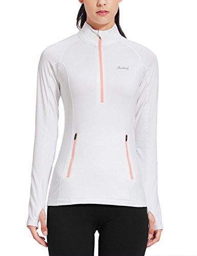 Baleaf Women's Thermal Fleece Half Zip Thumbholes Long Sleeve Running Top White Size M