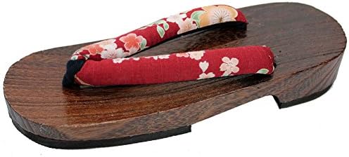 Women's Kiri Geta Brown Sandal with Japanese Red Cherry Print Toe Straps US Size 6.5-8 (24-25.5cm)