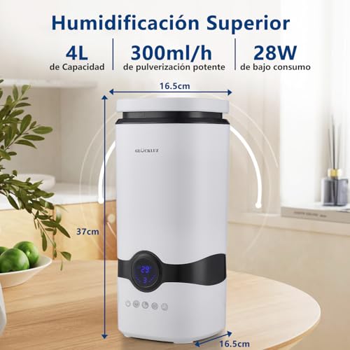 Glückluz Humidificador de Aire 4L para Dormitorio, Humidificador Ultrasónico y Difusor de Aromas con Boquilla 360° - Control de Humedad, Temporizador, Apagado Automático para un Ambiente Silencioso