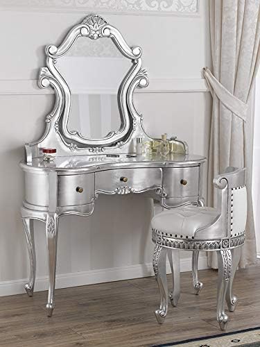 SIMONE GUARRACINO LUXURY DESIGN Makeup Vanity Set Esmeralda Modern Baroque Style Silver Leaf Faux Leather White Crystal Buttons Sw