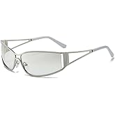 BAWUYI Y2K Sunglasses for Women Men Aesthetics 2000s Outfit Accessories Oval Y2K Glasses Metal Frame Wrap Around Shades