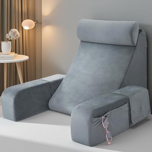 Almohada para espalda con reposabrazos y bolsillos para sentarse en cama, respaldo para cama, almohada de lectura, descanso, jugar, relajarse o ver la televisión para adultos, 48cm*40cm*48cm (gris)