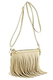 Small Fringe Crossbody Bag with Wrist Strap (Beige)